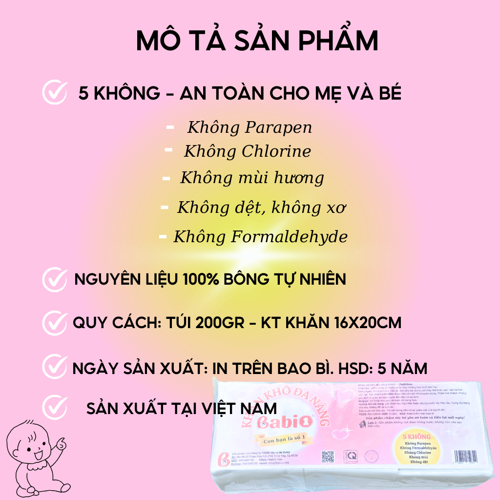 Combo 5 Gói Khăn Khô Babi1 Đa Năng Vải Không Dệt An Toàn Da Nhạy Cảm, Chuẩn 5 Không Cho Mẹ Và Bé