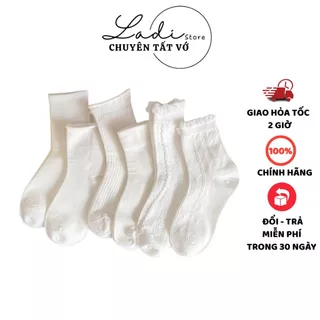 Tất nữ cổ cao Ladi OFFICIAL STORE mã T16 chất cotton màu Trắng phối họa tiết Vintage