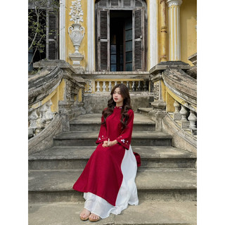 Set Áo Dài Thêu Hoa Kèm Váy Xòe Trắng, Set Áo Dài Cách Tân Thêu, Chất Lụa Mềm Mại Đỏ Đô