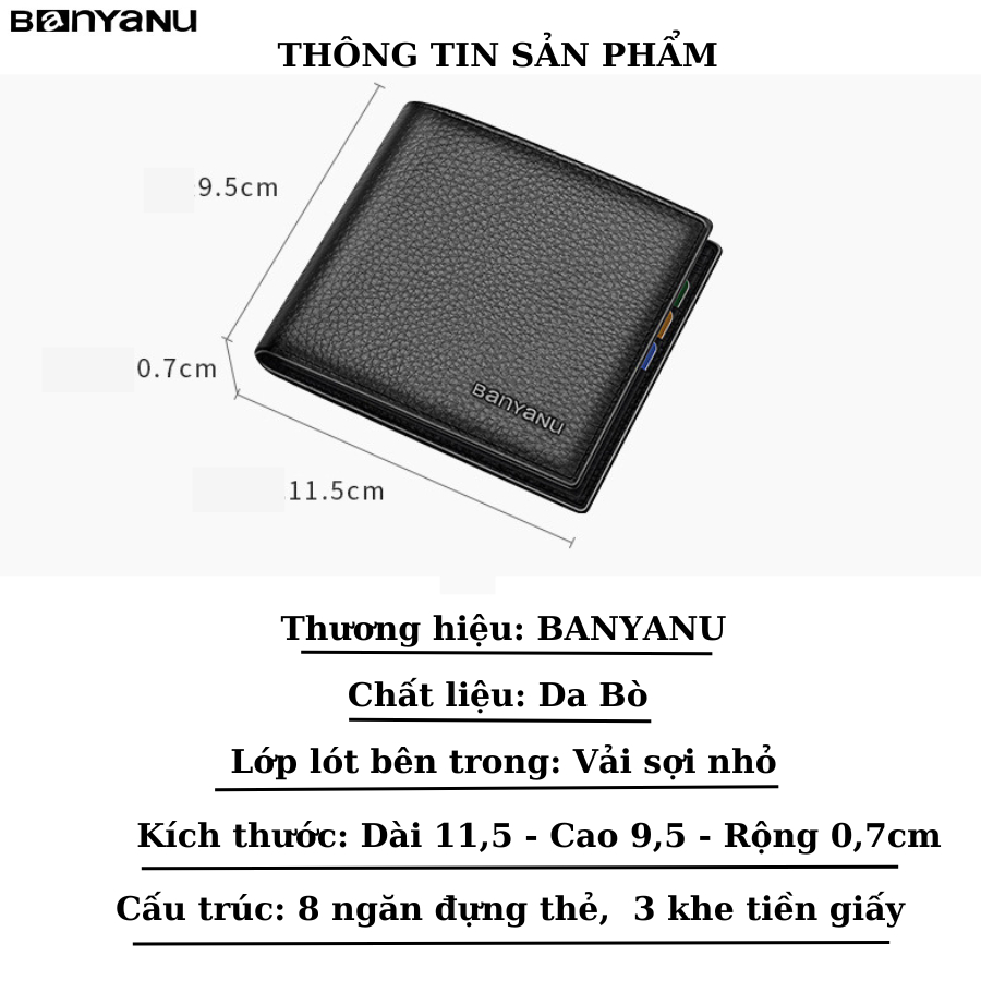 Ví ngang nam da bò ví tiền nam nhiều ngăn bóp nam da thật chính hãng BANYANU BCV-FV07  có hộp làm quà tặng sang trọng