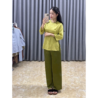 Đồ Lam Đi Chùa# Tròn Viền Vải Gấm # Đồ Bộ Nữ Women Top Áo Voi Kem