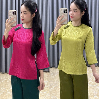 Đồ Lam Đi Chùa# Tròn Viền Vải Gấm # Đồ Bộ Nữ Women Top Áo Voi Kem
