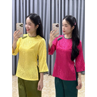 Đồ Lam Đi Chùa# Tròn Viền Vải Gấm # Đồ Bộ Nữ Women Top Áo Voi Kem