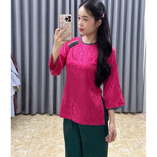 Đồ Lam Đi Chùa# Tròn Viền Vải Gấm # Đồ Bộ Nữ Women Top Áo Voi Kem