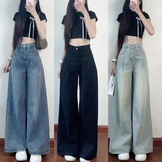 Quần jean xuông ly trước ống rộng quần bò hách dáng, quần jeans 4 màu ống rộng thời trang hàn quốc
