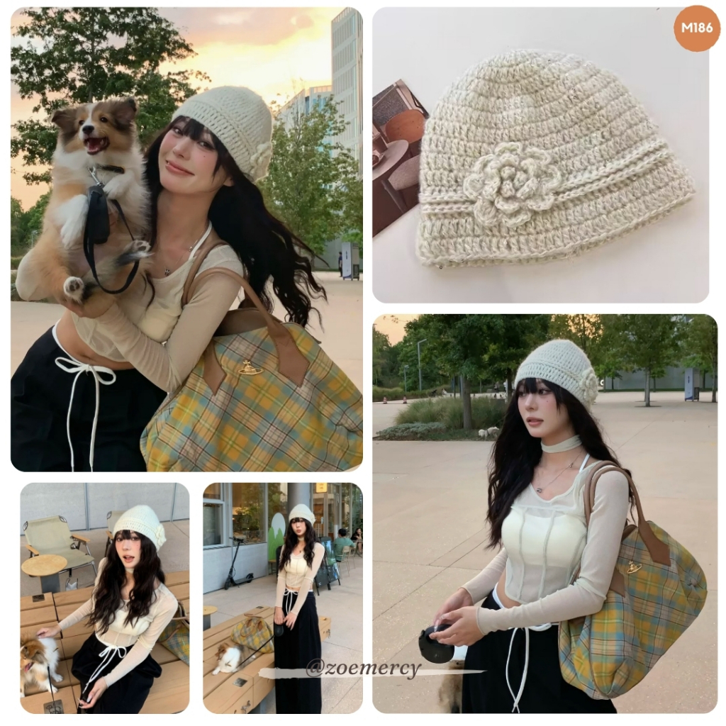 [SẴN]-🍊 Mũ trùm đầu len móc gắn hoa ren thời trang phong cách Nhật Bản (M186)-P1