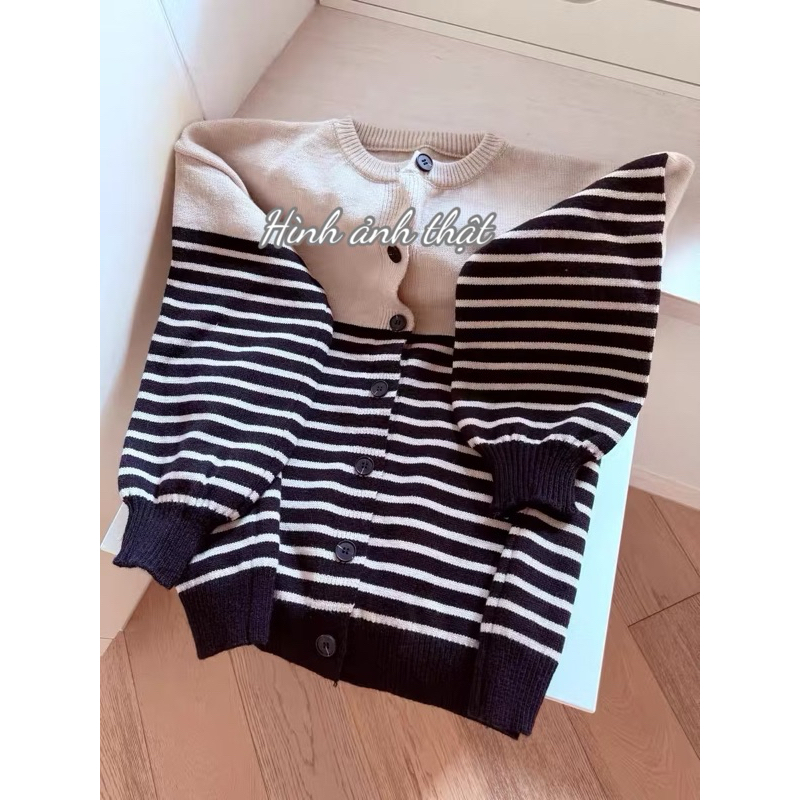 M.H STYLE ORDER Dongaemun Thời trang mới mùa thu sọc khối màu cổ tròn nút áo len dệt kim dài