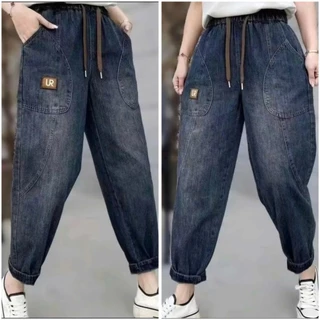 (COMBO 2)Quần Jean Nữ Dáng Baggy Cạp Chun Lưng Cao Có Dây Rút Năng Động Thoải Mái - BIGSIZE - Pants, Women