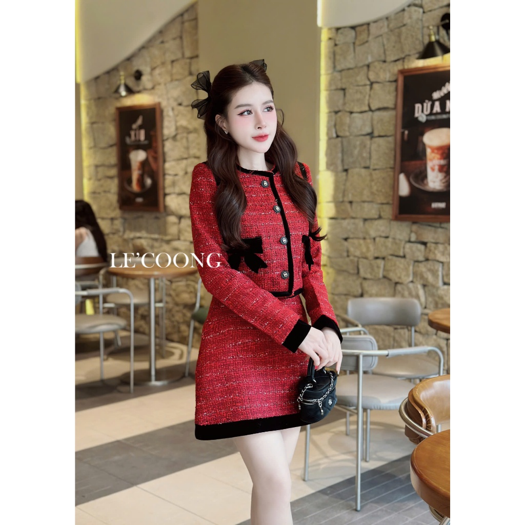 Ảnh Set Dạ Tweed Dáng Ngắn Hai Màu Đỏ Nâu Phối Nhung LECOONG B175 Đầm Đẹp Tiểu Thư Sang Chảnh 2