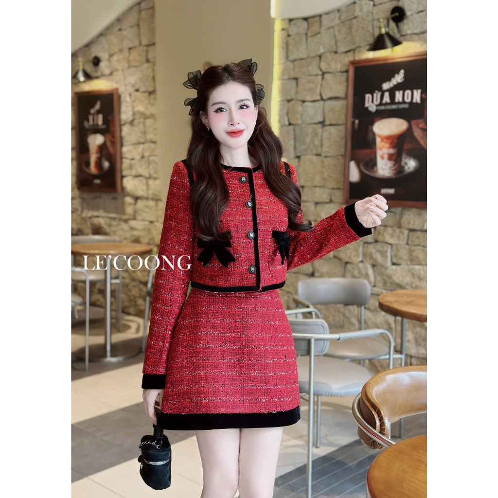 Ảnh Set Dạ Tweed Dáng Ngắn Hai Màu Đỏ Nâu Phối Nhung LECOONG B175 Đầm Đẹp Tiểu Thư Sang Chảnh 4