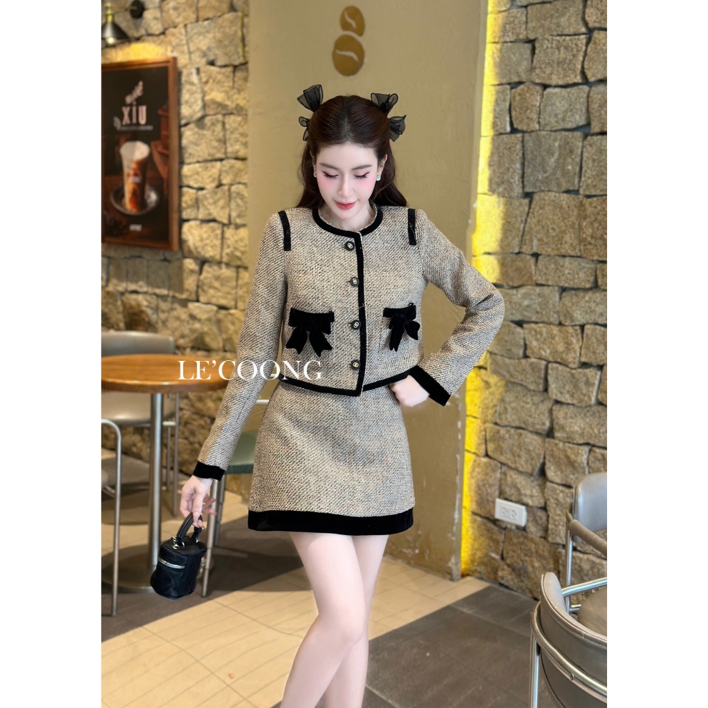 Ảnh Set Dạ Tweed Dáng Ngắn Hai Màu Đỏ Nâu Phối Nhung LECOONG B175 Đầm Đẹp Tiểu Thư Sang Chảnh 3