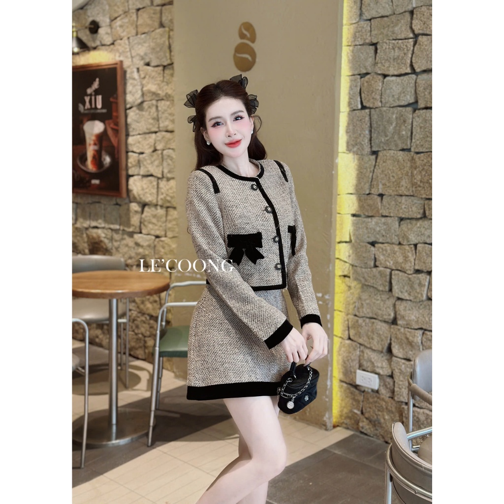 Ảnh Set Dạ Tweed Dáng Ngắn Hai Màu Đỏ Nâu Phối Nhung LECOONG B175 Đầm Đẹp Tiểu Thư Sang Chảnh 1