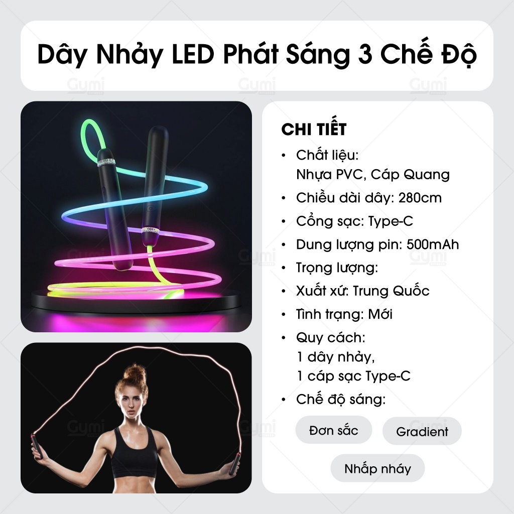 Dây Nhảy Cáp Quang LED Phát Sáng Đổi Màu 3 Chế Độ (Có Sạc) - LED Jump Rope - DN07