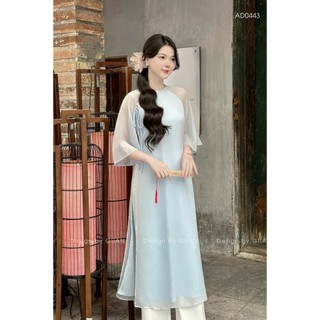 Set ÁO DÀI CÁCH TÂN dáng suông chất tơ cao cấp đính bông tay loe quần tuyết nhung 2 màu xinh tươi