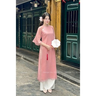 Set ÁO DÀI CÁCH TÂN dáng suông chất tơ cao cấp đính bông tay loe quần tuyết nhung 2 màu xinh tươi