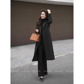 Áo Mangto nữ dáng dài HAGOO 3 màu Kẻ sọc/ Đen/ Nâu phong cách thanh lịch [B535]