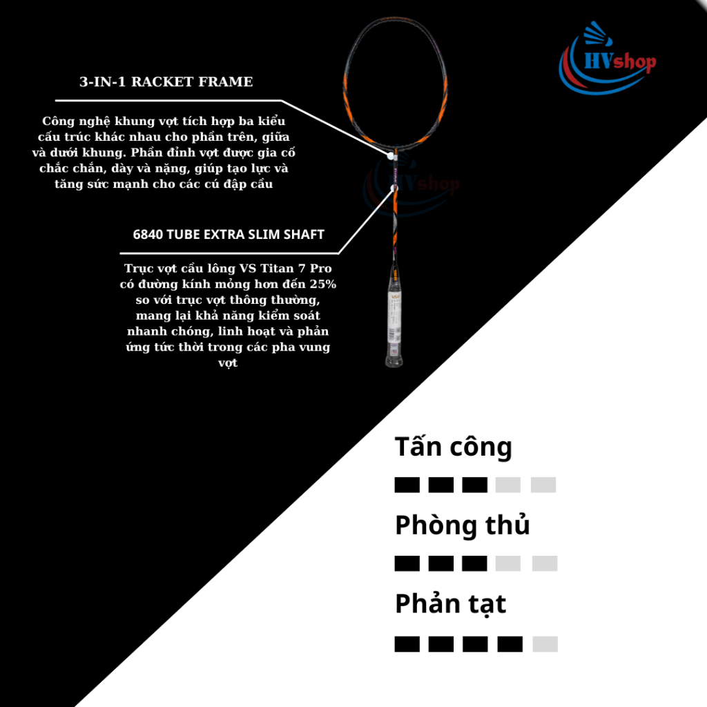 Vợt cầu lông VS Titan 7 Pro chính hãng, miễn phí công căng, cuốn cán và bao vợt - HVShop