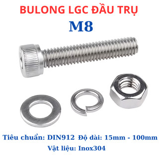 Bulong lục giác chìm đầu trụ inox304 M8 (8li) dài 15 mm - 100mm.