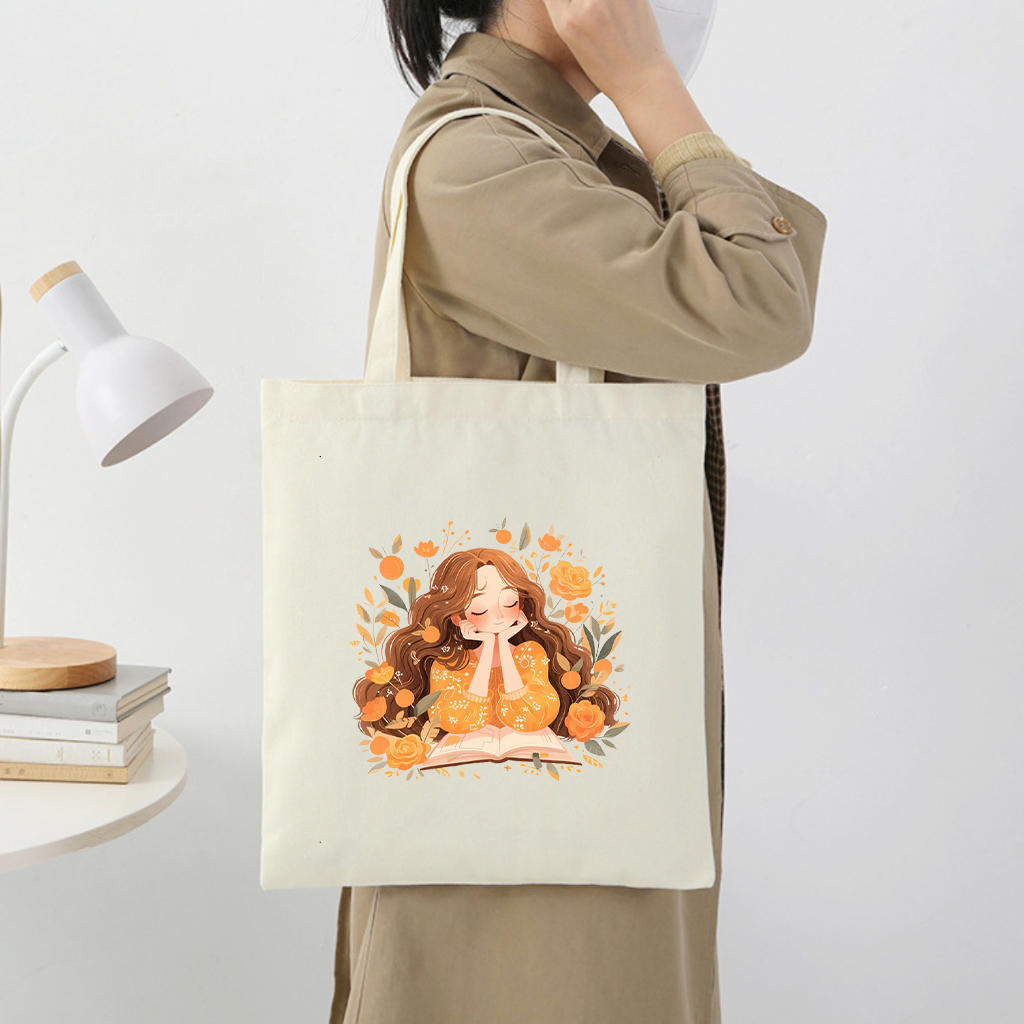 Túi Tote vải Canvas hình cô gái dễ thương Girl baby - túi đeo vai màu trắng be nhiều hình kích thước 35x40 tota063
