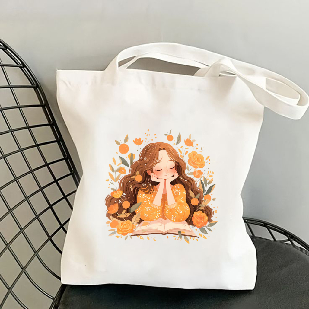 Túi Tote vải Canvas hình cô gái dễ thương Girl baby - túi đeo vai màu trắng be nhiều hình kích thước 35x40 tota063