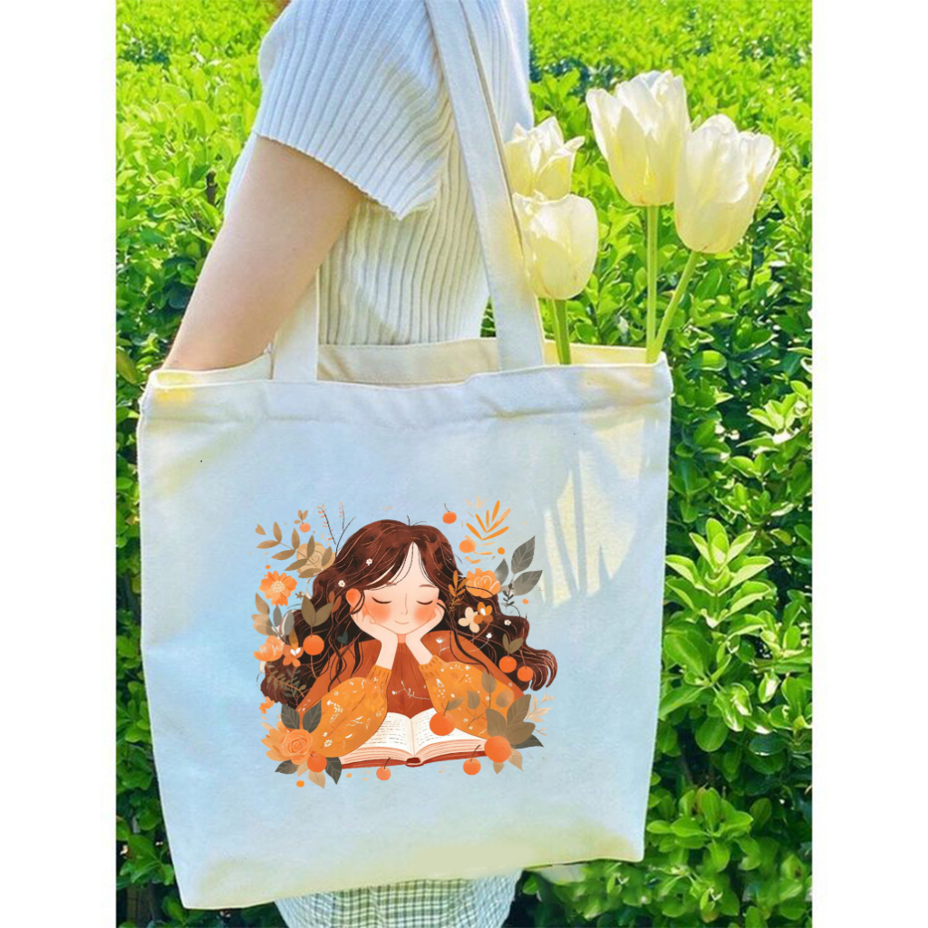 Túi Tote vải Canvas hình cô gái dễ thương Girl baby - túi đeo vai màu trắng be nhiều hình kích thước 35x40 tota063