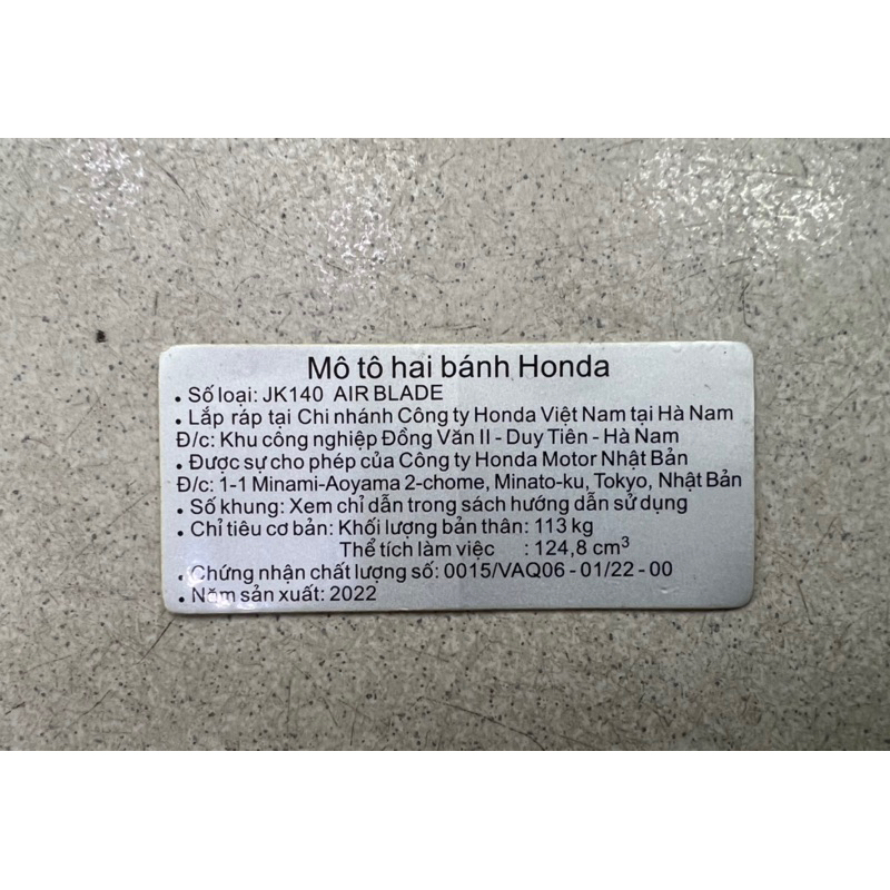 Tem thông số AirBlade 125-150i-160i năm 2020-2024 (2,30) Hàng Zin chuẩn hãng