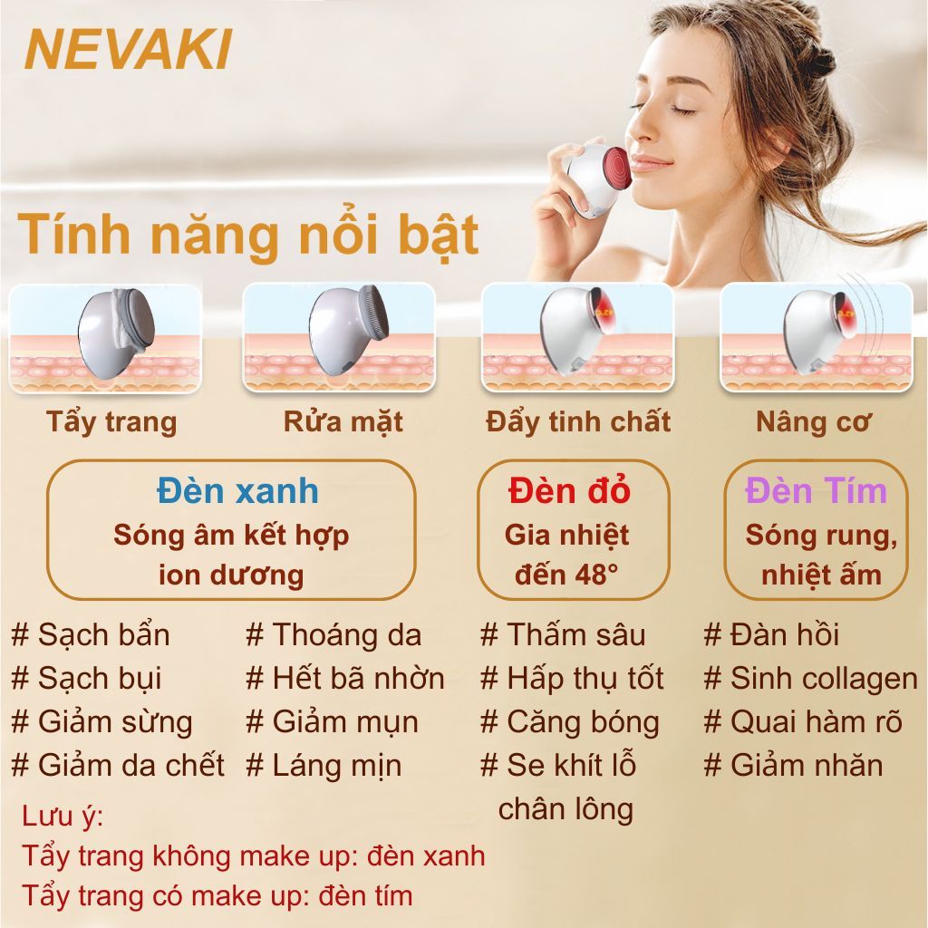 Chuột rửa mặt 4 trong 1 NEVAKI, máy tẩy trang rửa mặt đẩy tinh chất và massage nâng cơ - Bảo hành 1 năm