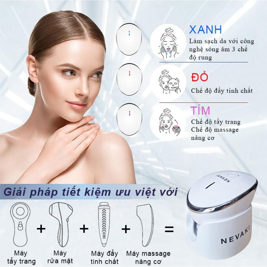 Chuột rửa mặt 4 trong 1 NEVAKI, máy tẩy trang rửa mặt đẩy tinh chất và massage nâng cơ - Bảo hành 1 năm