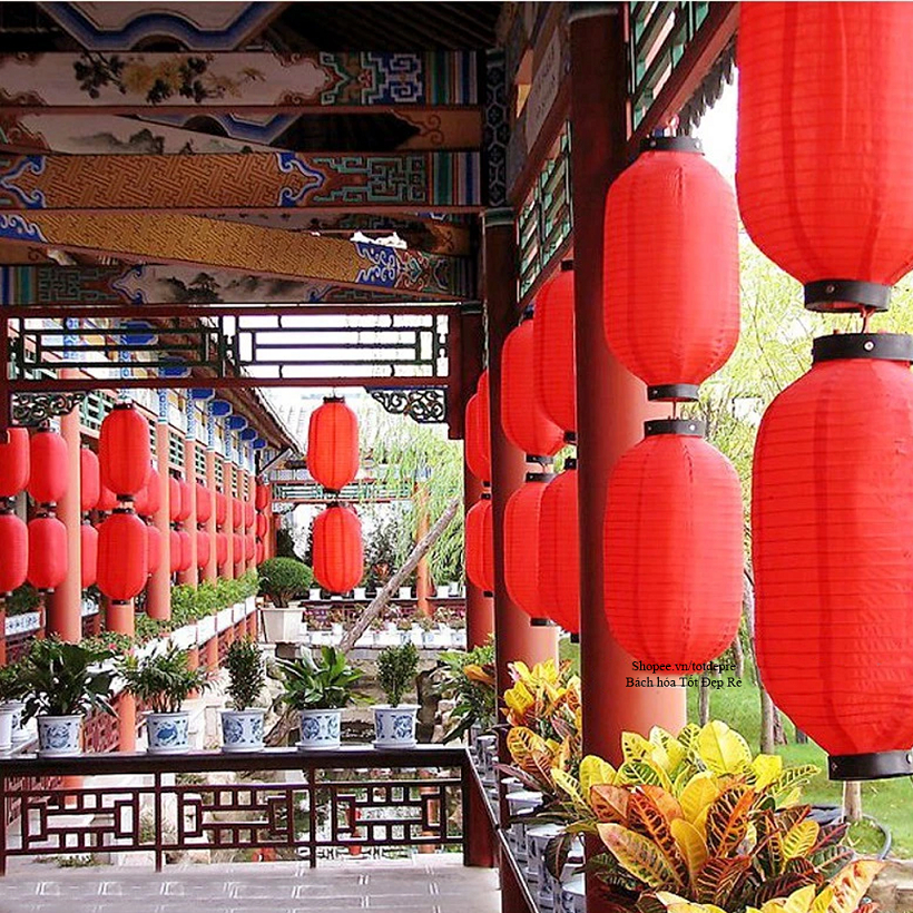 Đèn lồng vải chịu mưa nắng dáng dài hình trụ trang trí Tết, trang trí nhà hàng