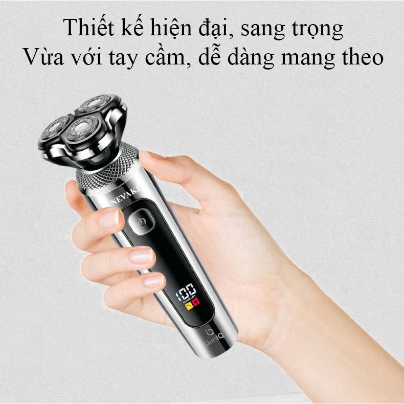 Máy cạo râu nam cao cấp 4 trong 1 NEVAKI 3 lưỡi kép tự mài sắc, cạo sát sạch êm, chống nước IPX7, màn hình LCD