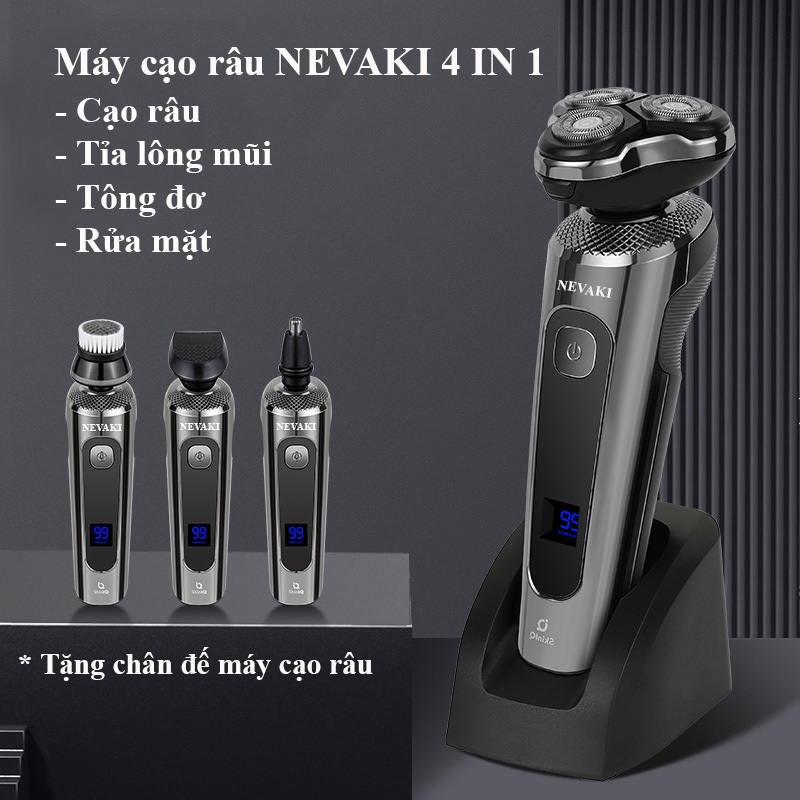 Máy cạo râu nam cao cấp 4 trong 1 NEVAKI 3 lưỡi kép tự mài sắc, cạo sát sạch êm, chống nước IPX7, màn hình LCD
