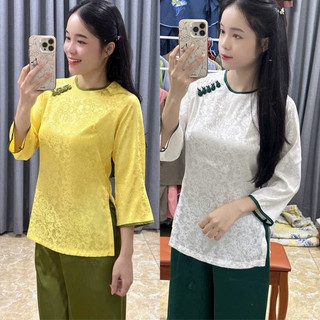 Đồ Lam Đi Chùa# Tròn Viền Vải Gấm # Đồ Bộ Nữ Women Top Áo Voi Kem