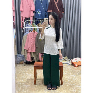 Đồ Lam Đi Chùa# Tròn Viền Vải Gấm # Đồ Bộ Nữ Women Top Áo Voi Kem