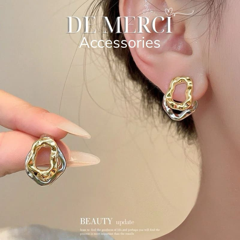 Khuyên tai nữ bạc 925 DE MERCI ACCESSORIES hình học kết hợp phủ bóng phụ kiện trang sức nữ cá tính BT016