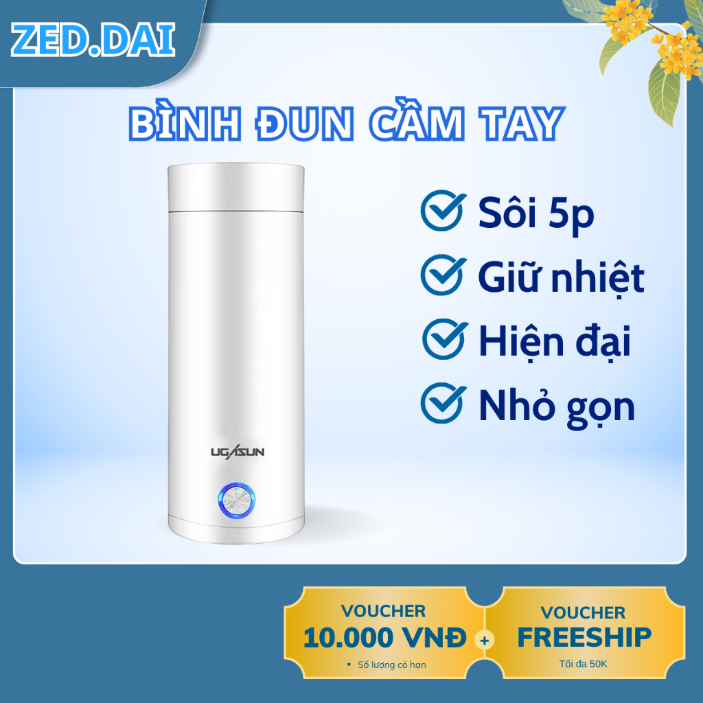 Bình Đun Nước Siêu Tốc Mini Cầm Tay UGASUN, Bình Nước Giữ Nhiệt Nhỏ Gọn, Inox 304, Dung Tích 400ml.