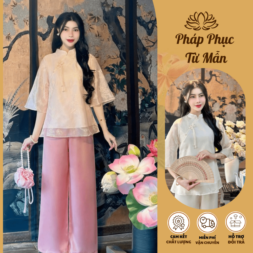 Pháp phục đi chùa cổ tàu đính nơ ngọc voan tơ hoa 3D 2 lớp Đồ bộ đi lễ cách tân tay lỡ Đồ lam dáng xuông tơ mềm mát