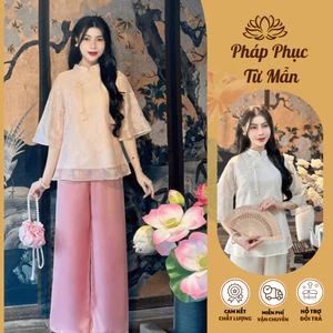Pháp phục đi chùa cổ tàu đính nơ ngọc voan tơ hoa 3D 2 lớp Đồ bộ đi lễ cách tân tay lỡ Đồ lam dáng xuông tơ mềm mát