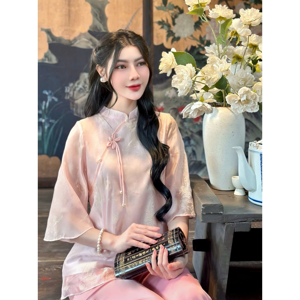 Pháp phục đi chùa cổ tàu đính nơ ngọc voan tơ hoa 3D 2 lớp Đồ bộ đi lễ cách tân tay lỡ Đồ lam dáng xuông tơ mềm mát