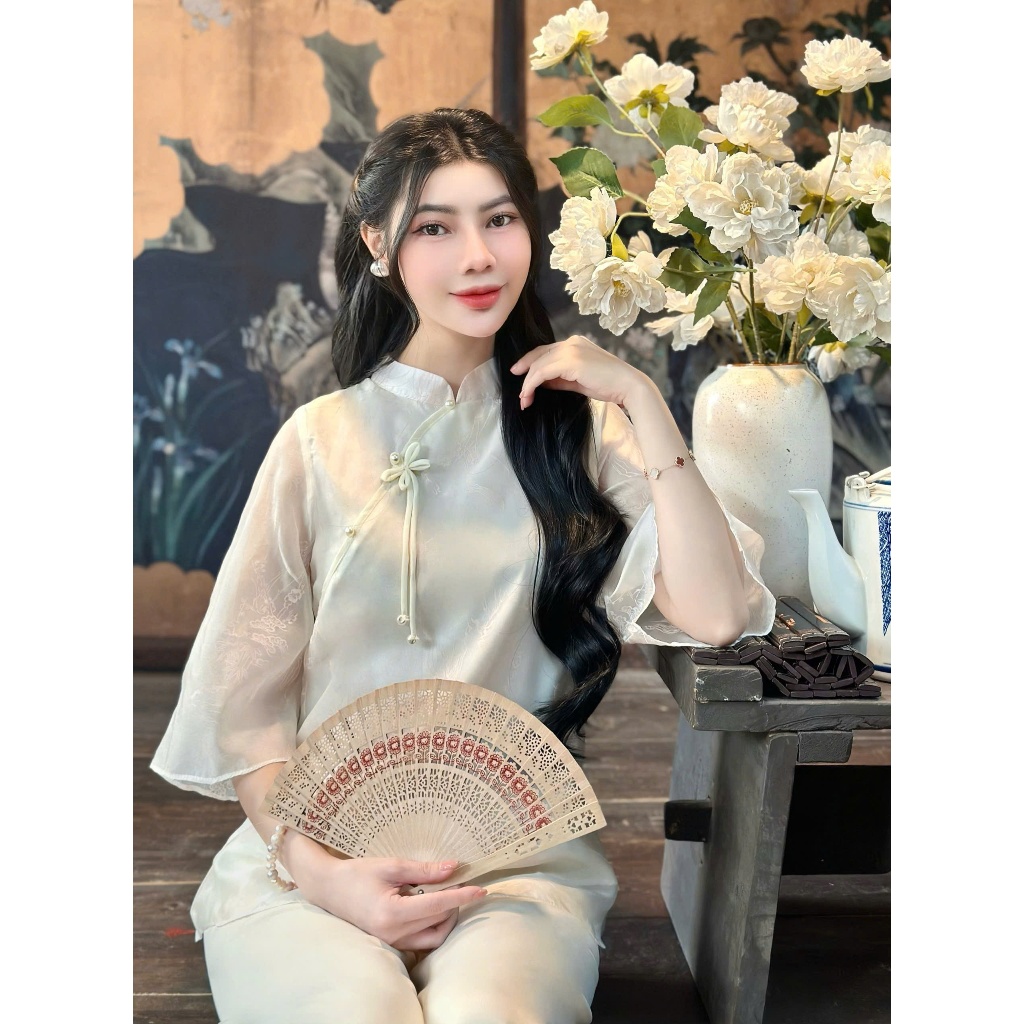 Pháp phục đi chùa cổ tàu đính nơ ngọc voan tơ hoa 3D 2 lớp Đồ bộ đi lễ cách tân tay lỡ Đồ lam dáng xuông tơ mềm mát