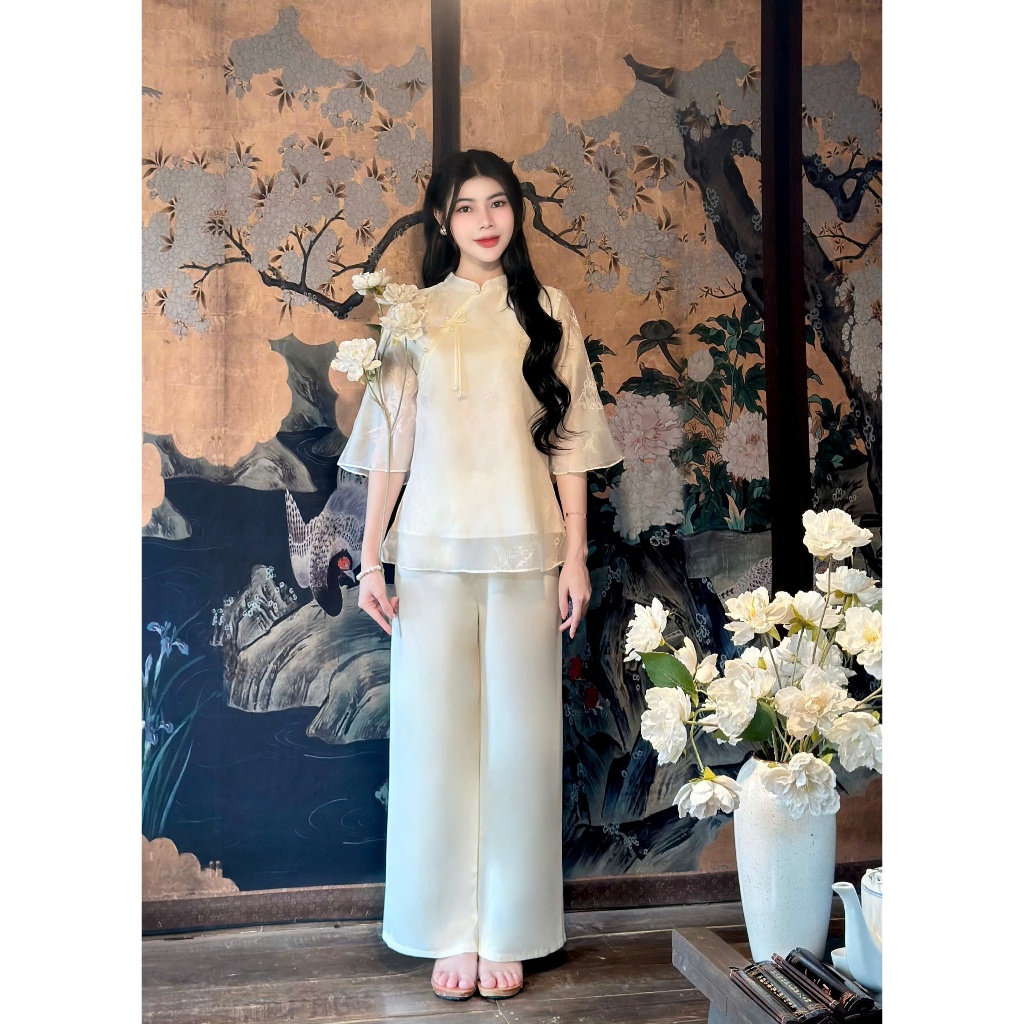 Pháp phục đi chùa cổ tàu đính nơ ngọc voan tơ hoa 3D 2 lớp Đồ bộ đi lễ cách tân tay lỡ Đồ lam dáng xuông tơ mềm mát