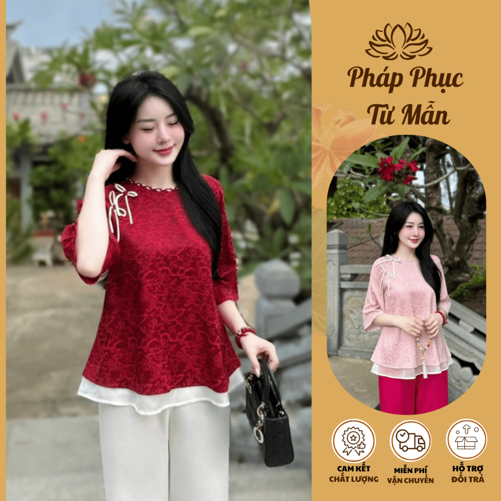 Đồ bộ đi chùa cách tân cổ tết đính nơ lụa gấm Pháp phục lễ chùa dáng xòe phối voan 2 tầng Đồ lam nữ tiểu thư gấm mềm
