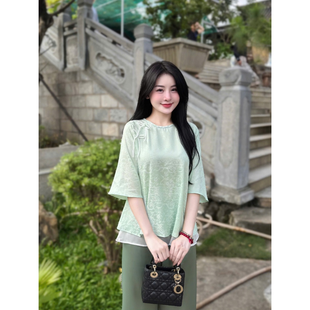 Đồ bộ đi chùa cách tân cổ tết đính nơ lụa gấm Pháp phục lễ chùa dáng xòe phối voan 2 tầng Đồ lam nữ tiểu thư gấm mềm