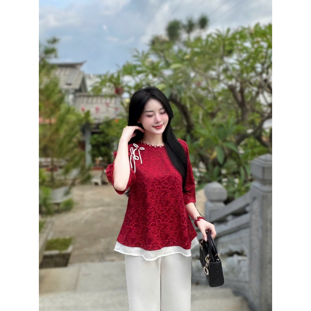 Đồ bộ đi chùa cách tân cổ tết đính nơ lụa gấm Pháp phục lễ chùa dáng xòe phối voan 2 tầng Đồ lam nữ tiểu thư gấm mềm