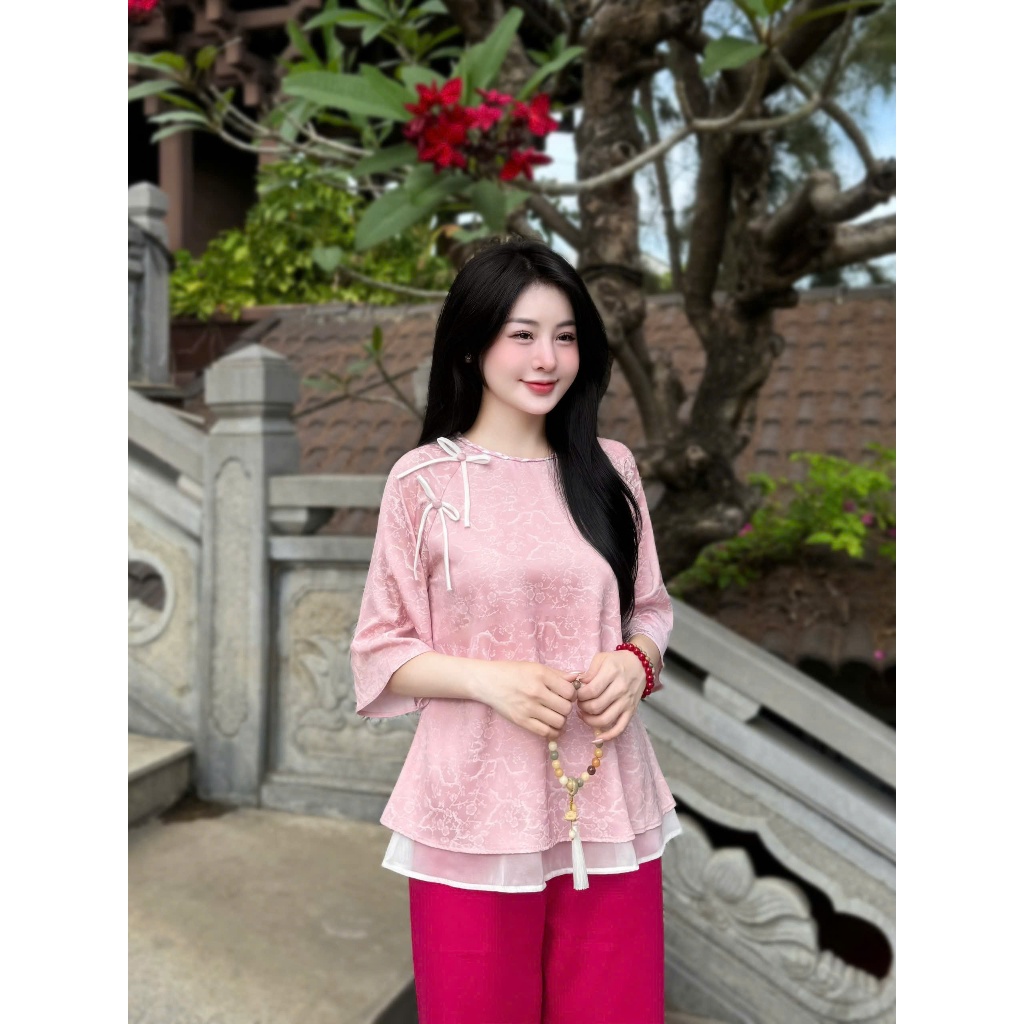 Đồ bộ đi chùa cách tân cổ tết đính nơ lụa gấm Pháp phục lễ chùa dáng xòe phối voan 2 tầng Đồ lam nữ tiểu thư gấm mềm