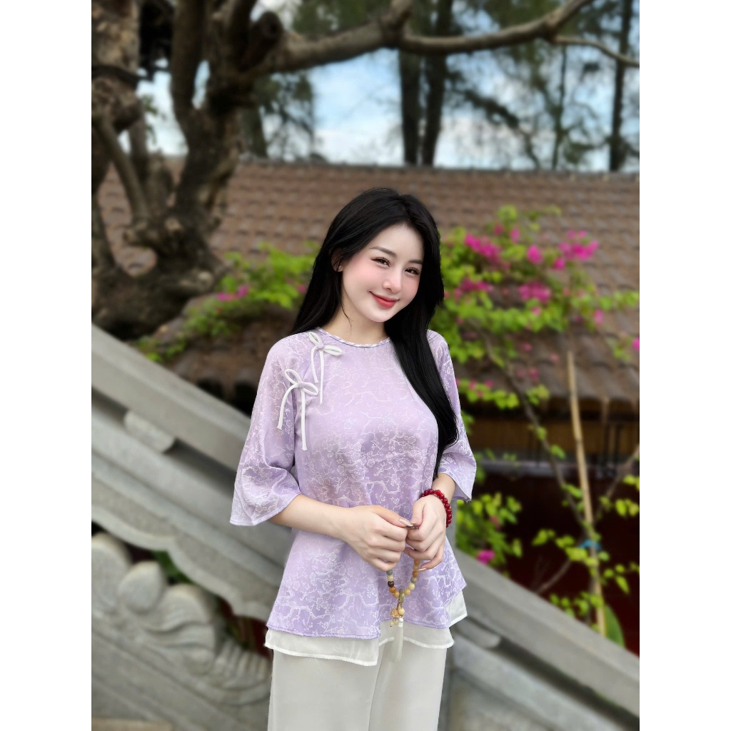 Đồ bộ đi chùa cách tân cổ tết đính nơ lụa gấm Pháp phục lễ chùa dáng xòe phối voan 2 tầng Đồ lam nữ tiểu thư gấm mềm