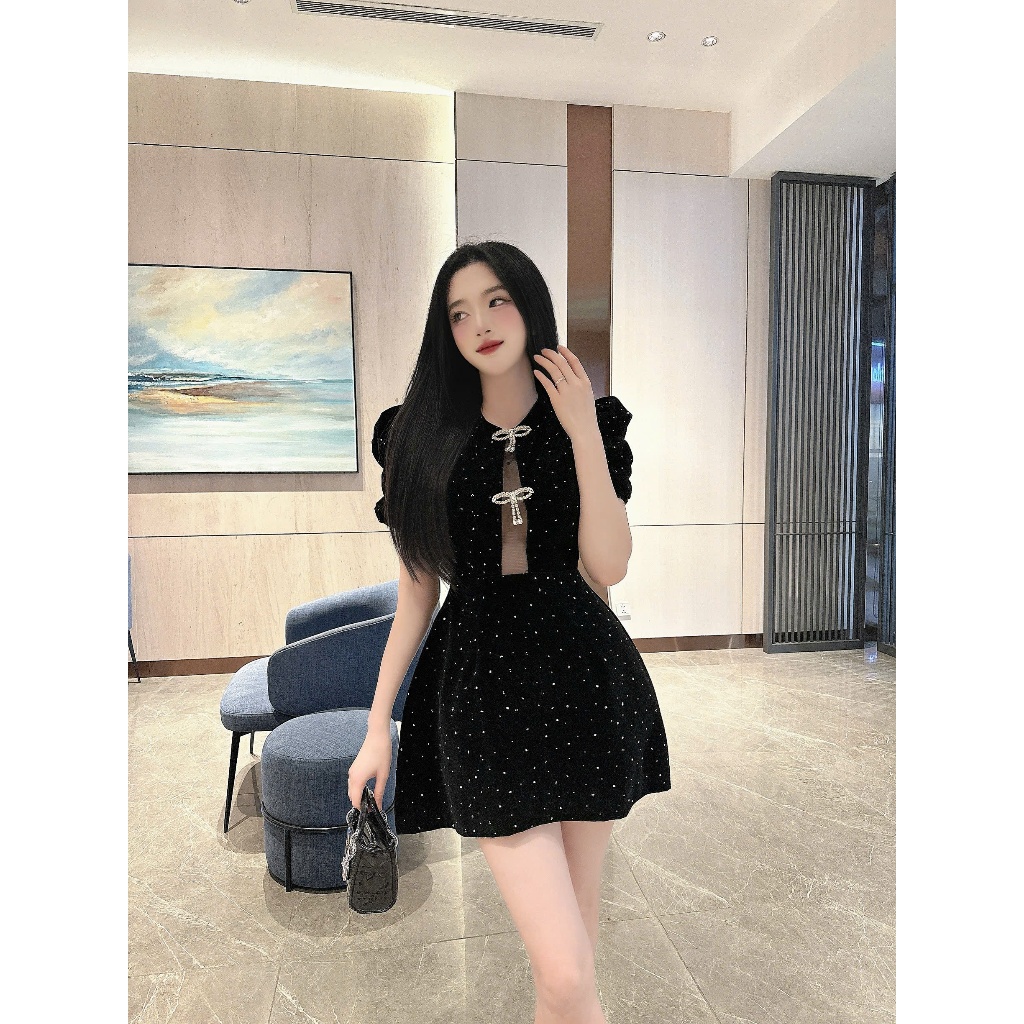 Váy Thiết kế - Váy Nhung Tay Bồng Chân Váy Dáng A Kèm Nơ Đá Dây