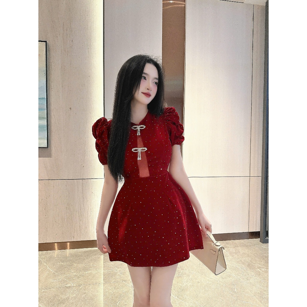 Váy Thiết kế - Váy Nhung Tay Bồng Chân Váy Dáng A Kèm Nơ Đá Dây