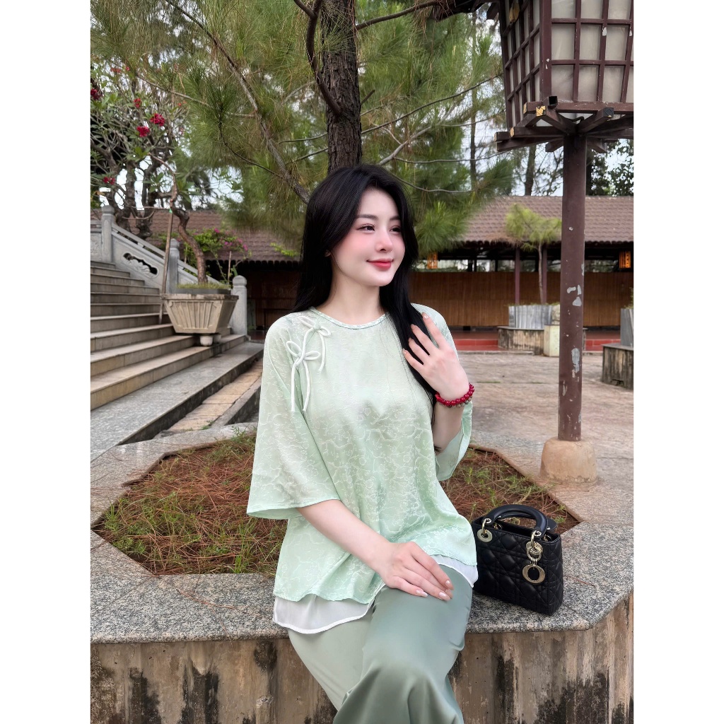 Đồ bộ đi chùa cách tân cổ tết đính nơ lụa gấm Pháp phục lễ chùa dáng xòe phối voan 2 tầng Đồ lam nữ tiểu thư gấm mềm