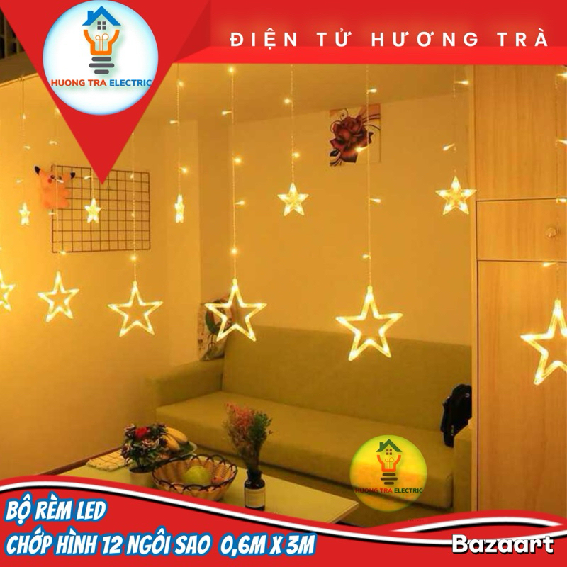 Bộ Màn Đèn LED Chớp 12 Ngôi Sao Đơn Sắc Trang Trí Nhà Cửa, Quán Cà Phê, Tiệc.