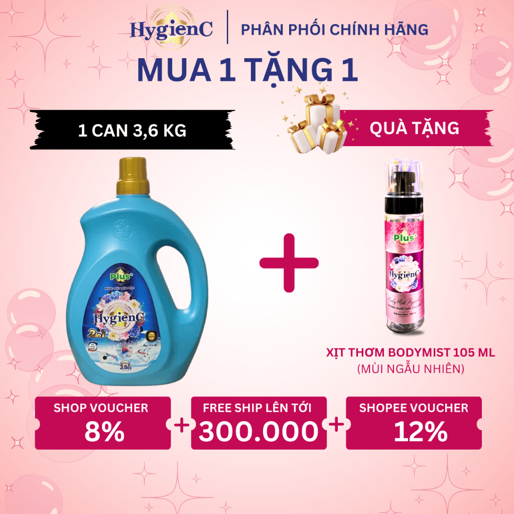 Ảnh Nước Giặt Xả HygienC Plus Can 3,6Kg/Can Hương Nước Hoa Đánh Bay Mọi Vết Bẩn 1